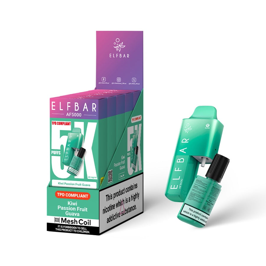 ELFBAR AF5000 Disposable Vape Kit, Kiwi Passion Fruit Guava - Case of 5